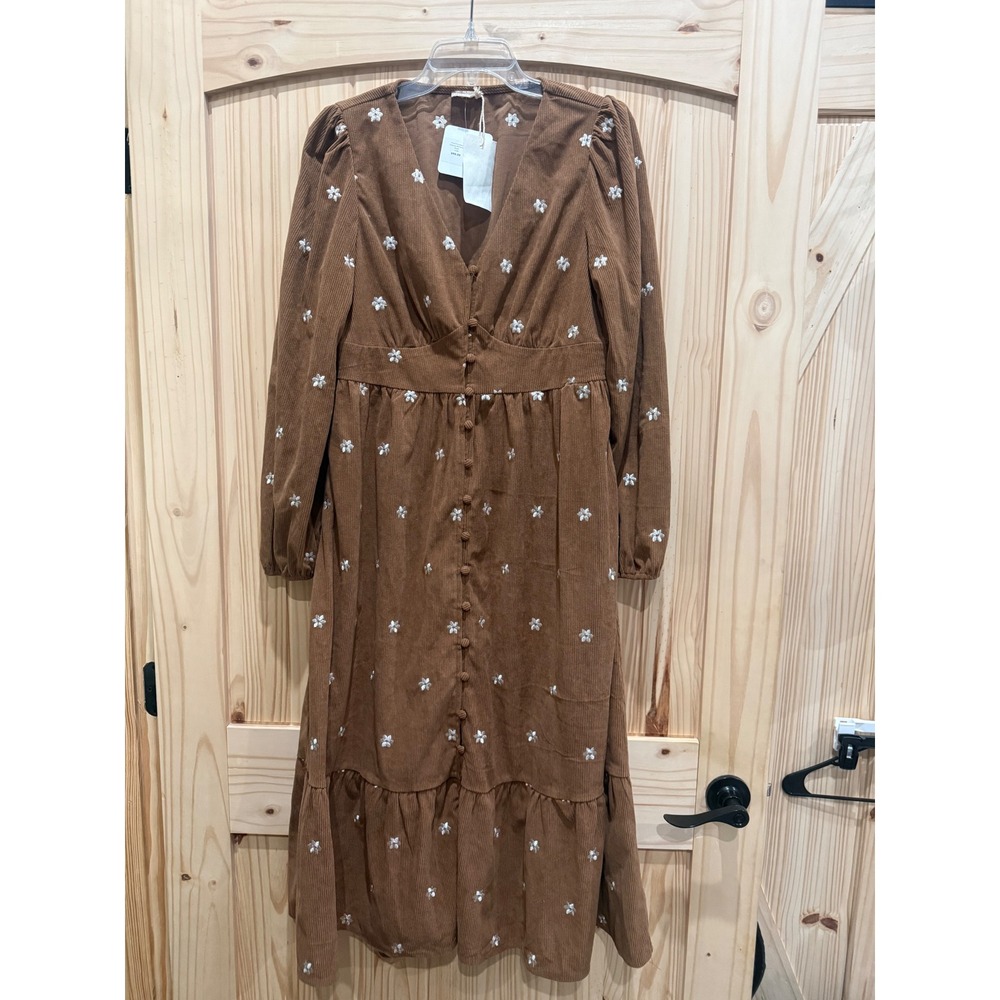 Hem & Thread Brown Floral Embroidered Corduroy Midi Dress Button Front Large NEW
